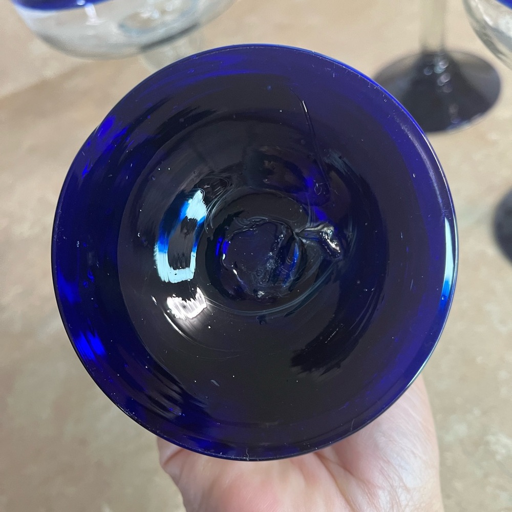 Set of 4 Blue-Rim Margarita Glasses Hand Blown - Picture 4 of 4